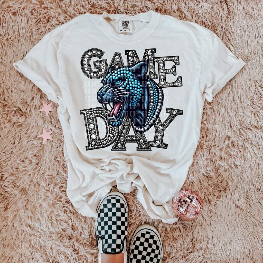 Game day panthers silver rhinestones mascot 44447 DTF transfer