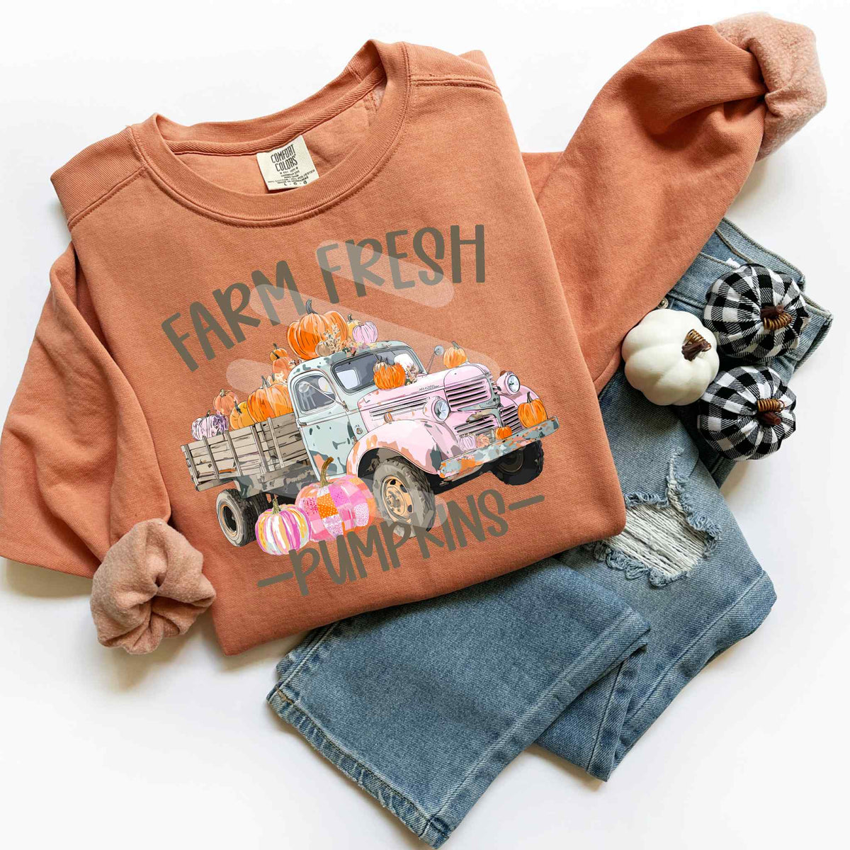 Farm fresh pumpkins colorful truck DTF transfer