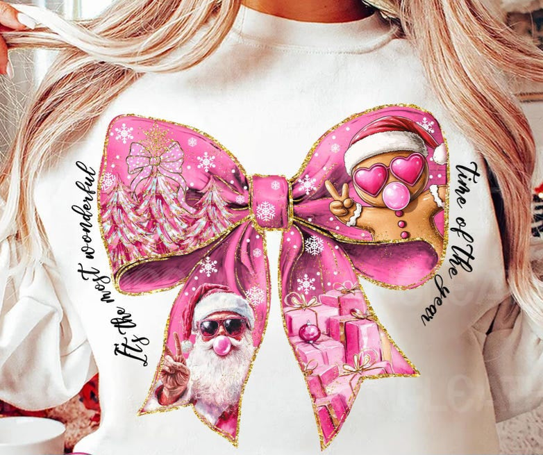 Pink christmas bow with Santa and gingerbread man DTF transfer