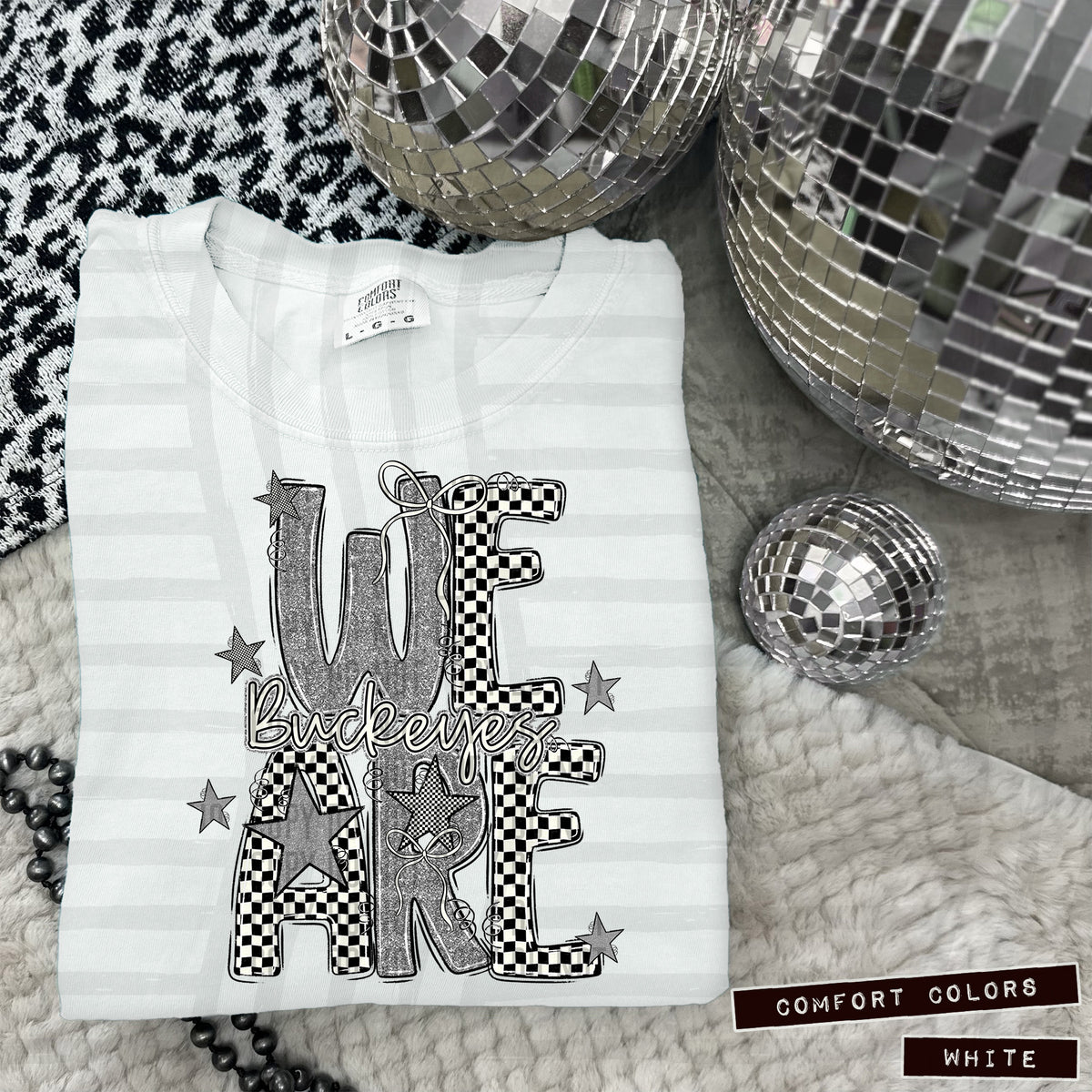 Buckeyes silver glitter checkered stars DTF transfer