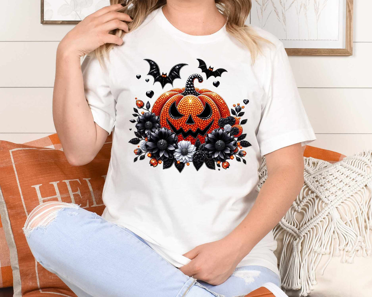 Pumpkin with black flowers and bats (VS) 52209 DTF transfer