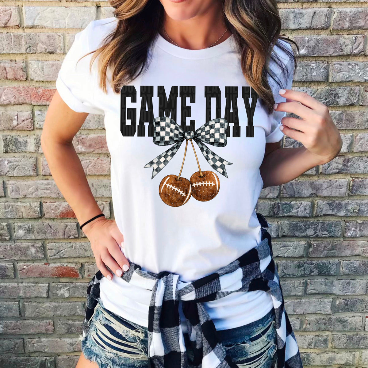 Game day football cherrys and white checkered bow 111130 dtf transfer