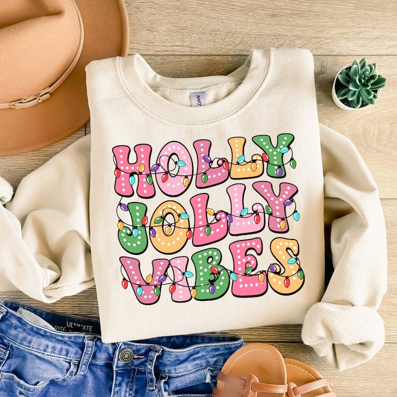 Holly jolly vibes pink yellow green  43973 DTF TRANSFER
