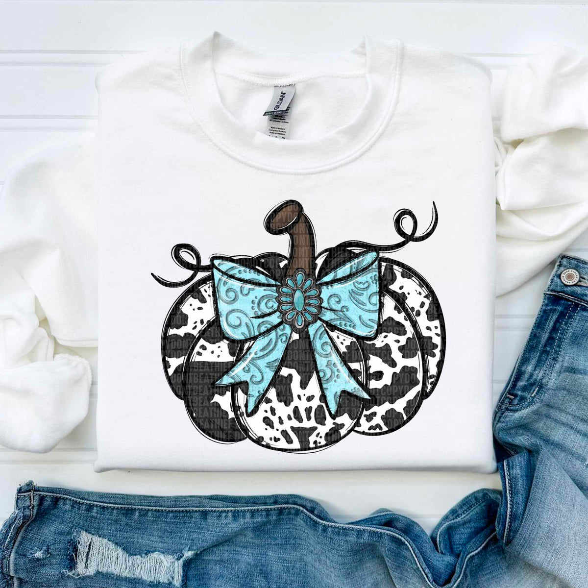 Cow print pumpkin turquoise bow 44898 DTF transfer