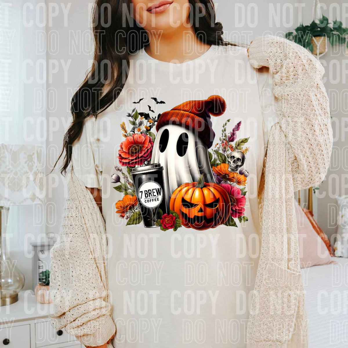 Ghost with red beanie and coffee 52108 DTF transfer