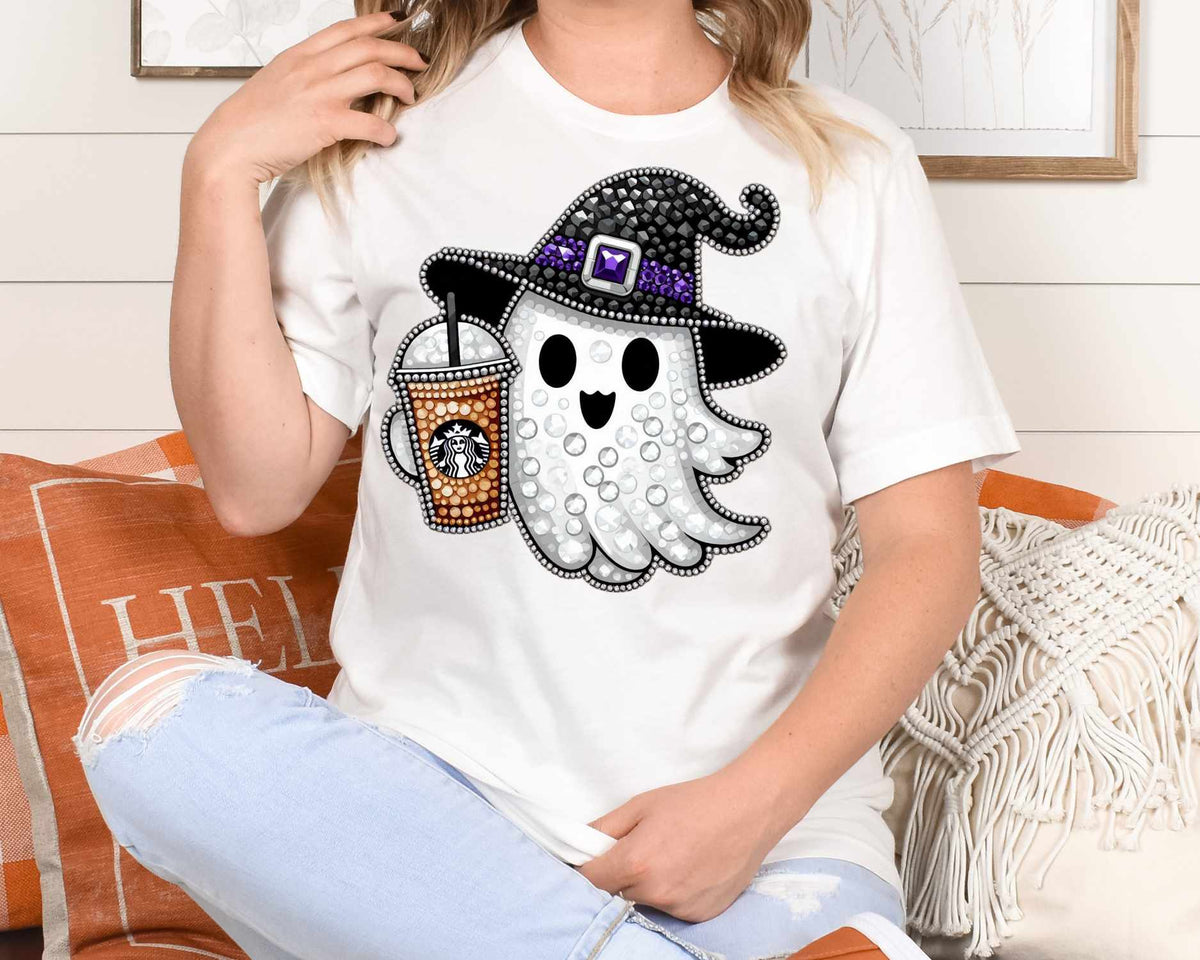 Rhinestone ghost with coffee (VS) 52212 DTF transfer