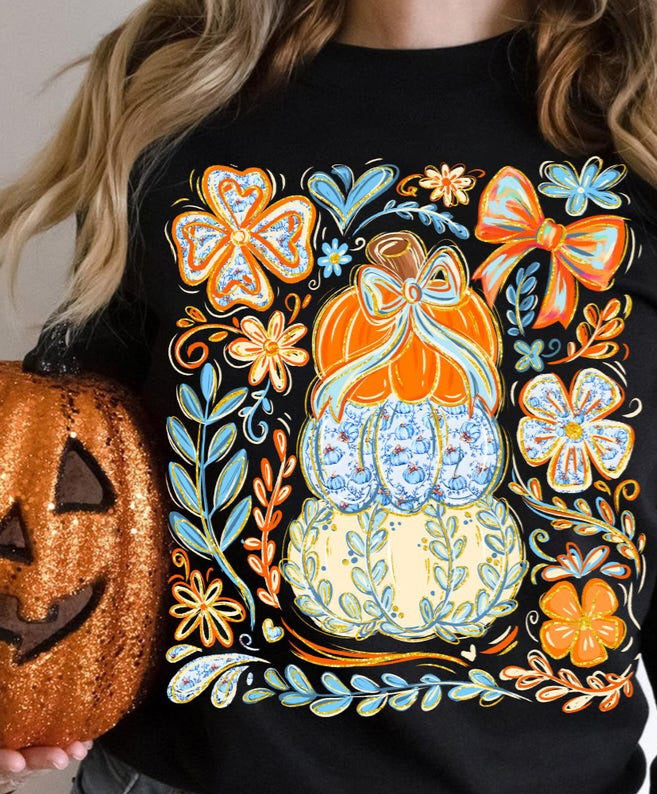 Stacked pumpkins orange blue tan florals DTF transfer