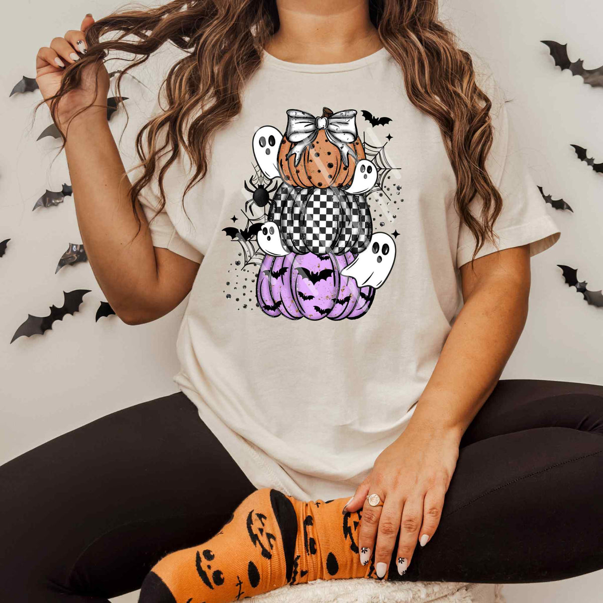 Halloween stacked pumpkins purple black orange ghost  EXCLUSIVE DTF transfer