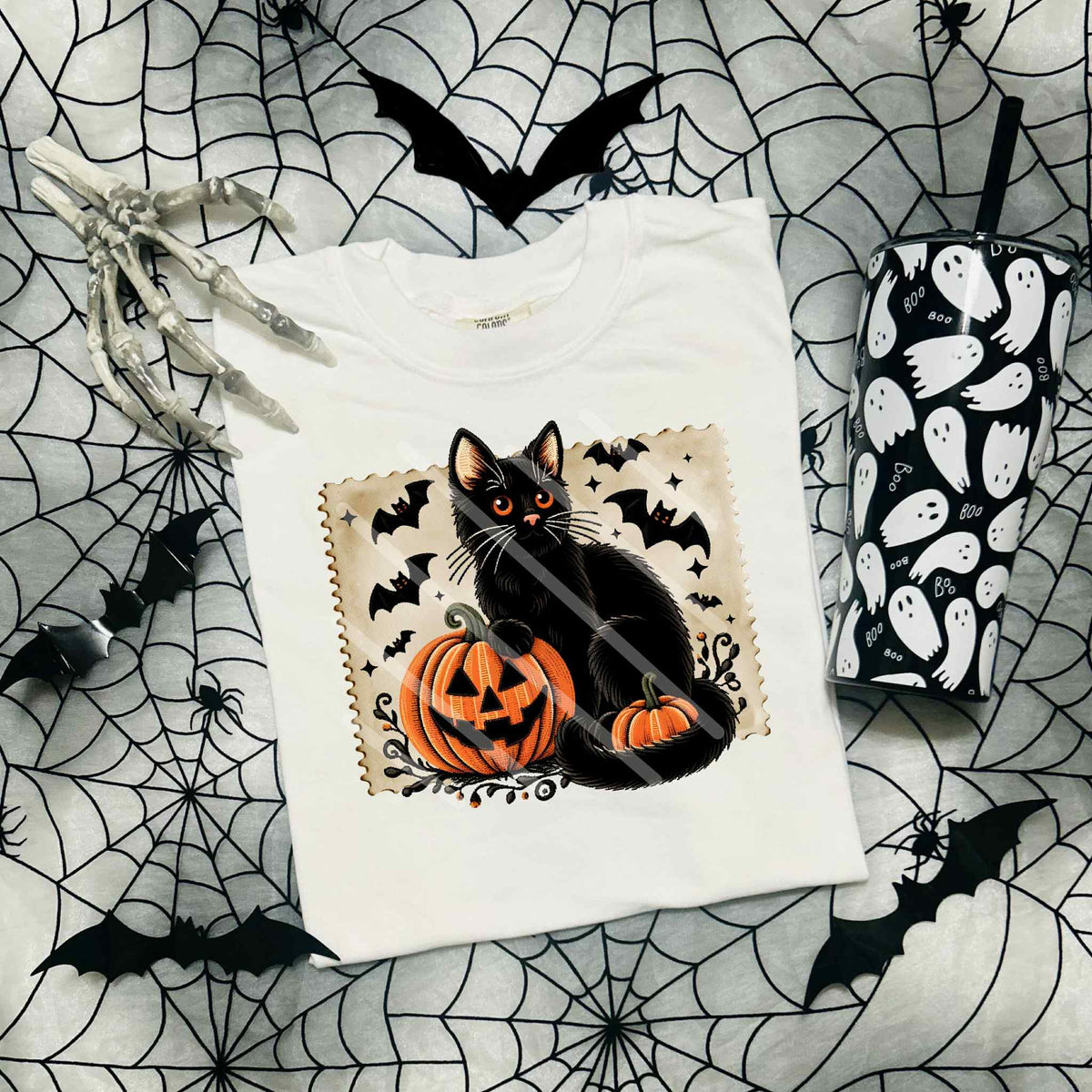 Pumpkin black cat stamp DTF transfer