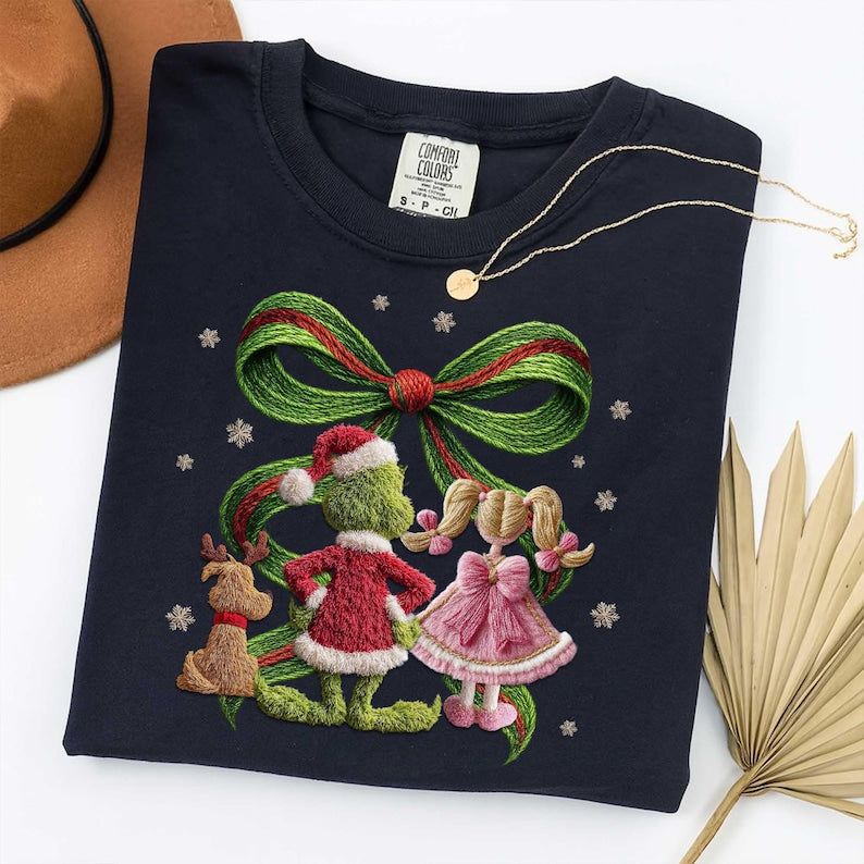 Green/red bow green guy, Cindy, max faux yarn sunday special DTF transfer