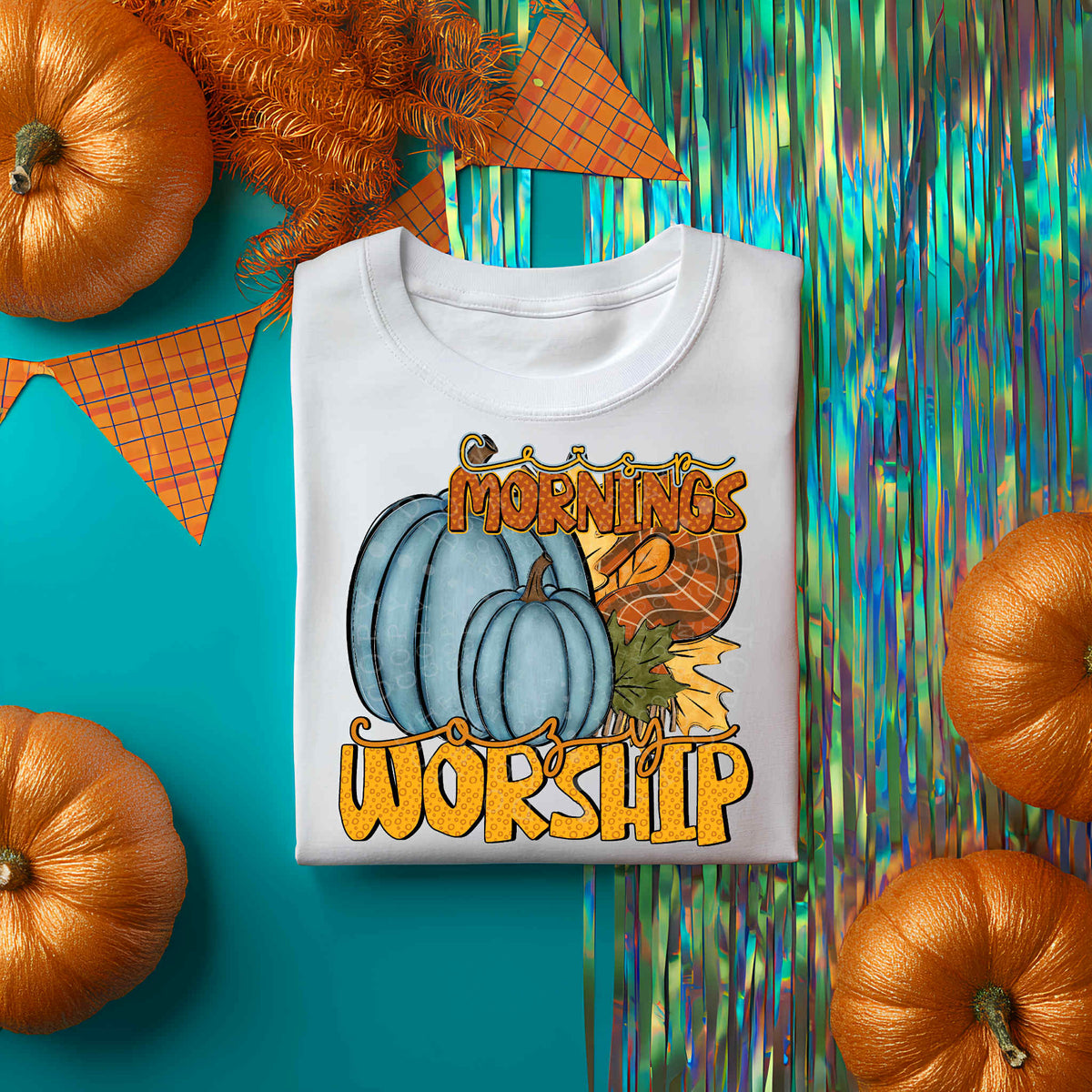 Crisp mornings cozy worship teal pumpkins DTF transfer