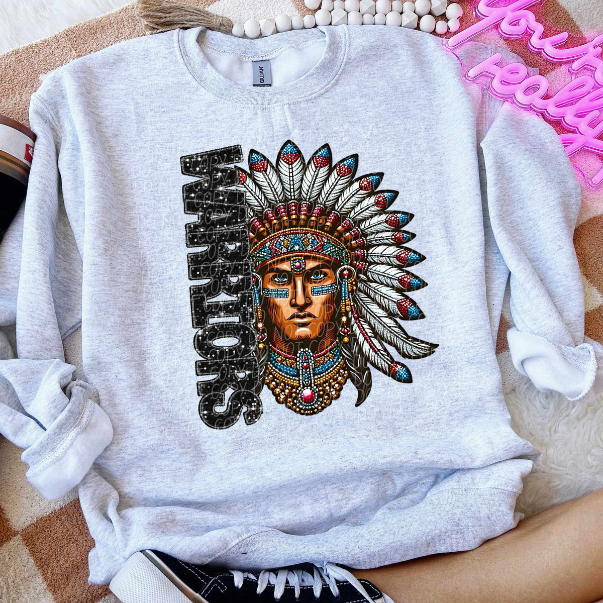Warriors black vertical sequin font indian (CITY) 52267 DTF transfer