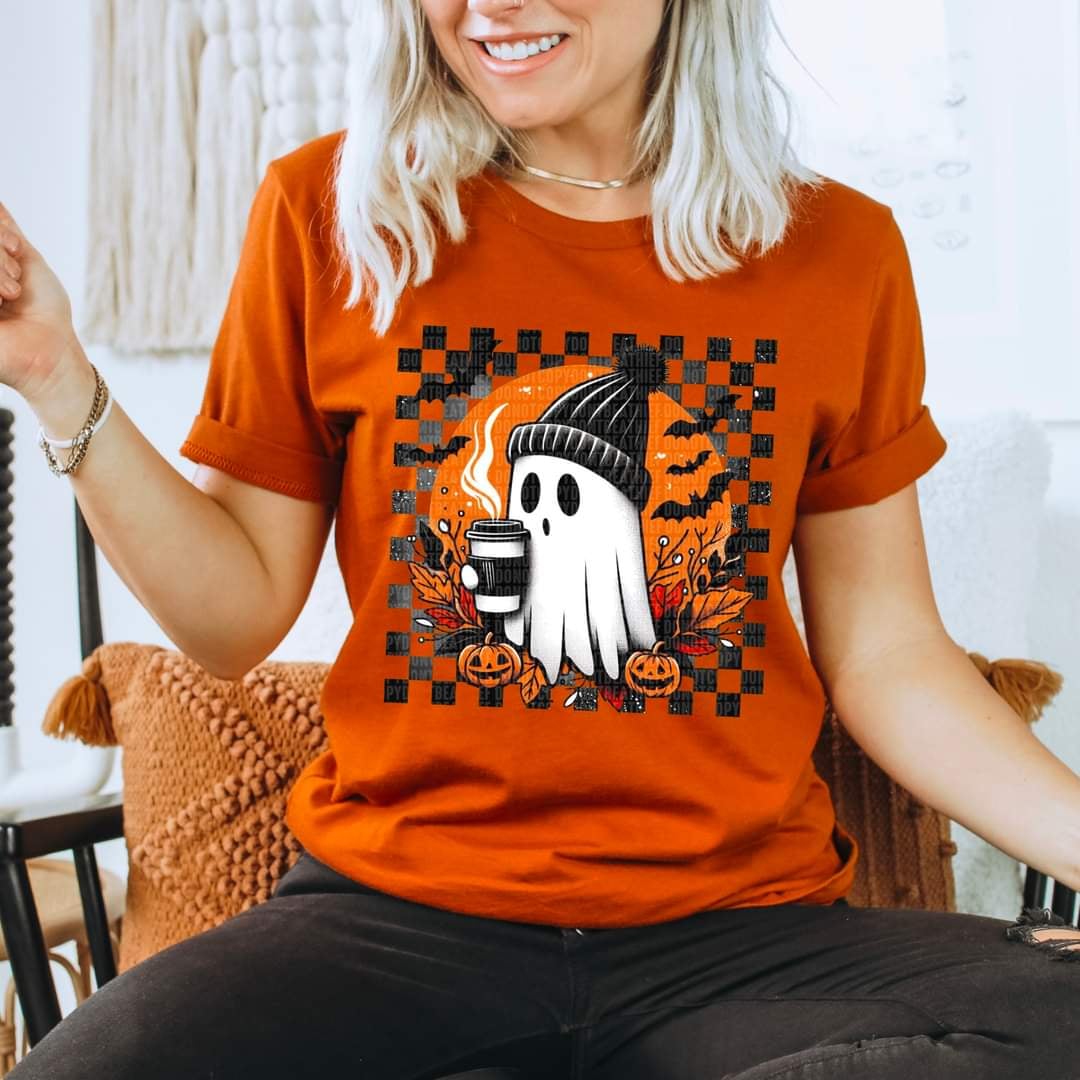 Ghost with black beanie and coffee 52065 DTF transfer