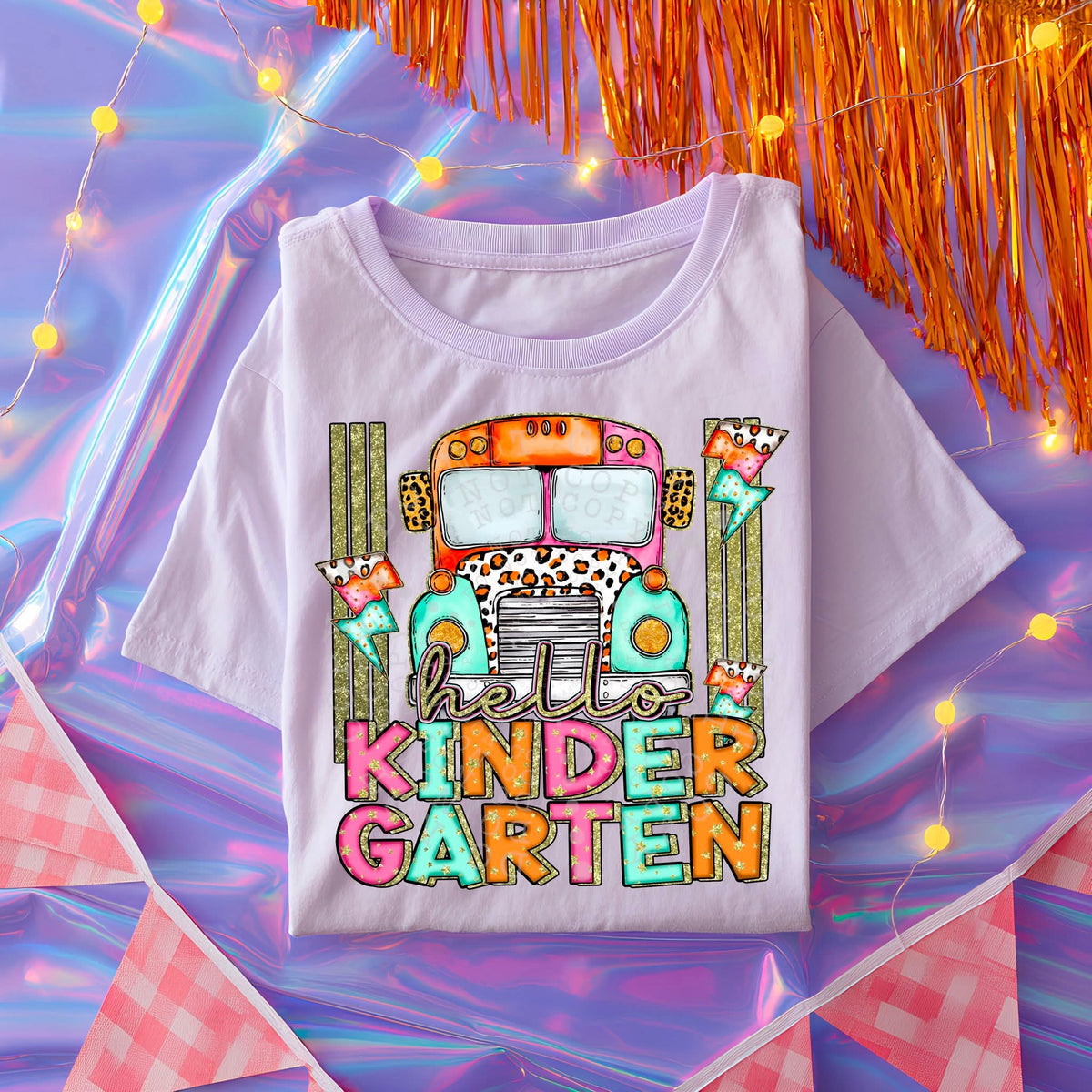 Hello kindergarten bus and lightning bolt C's DTF transfer