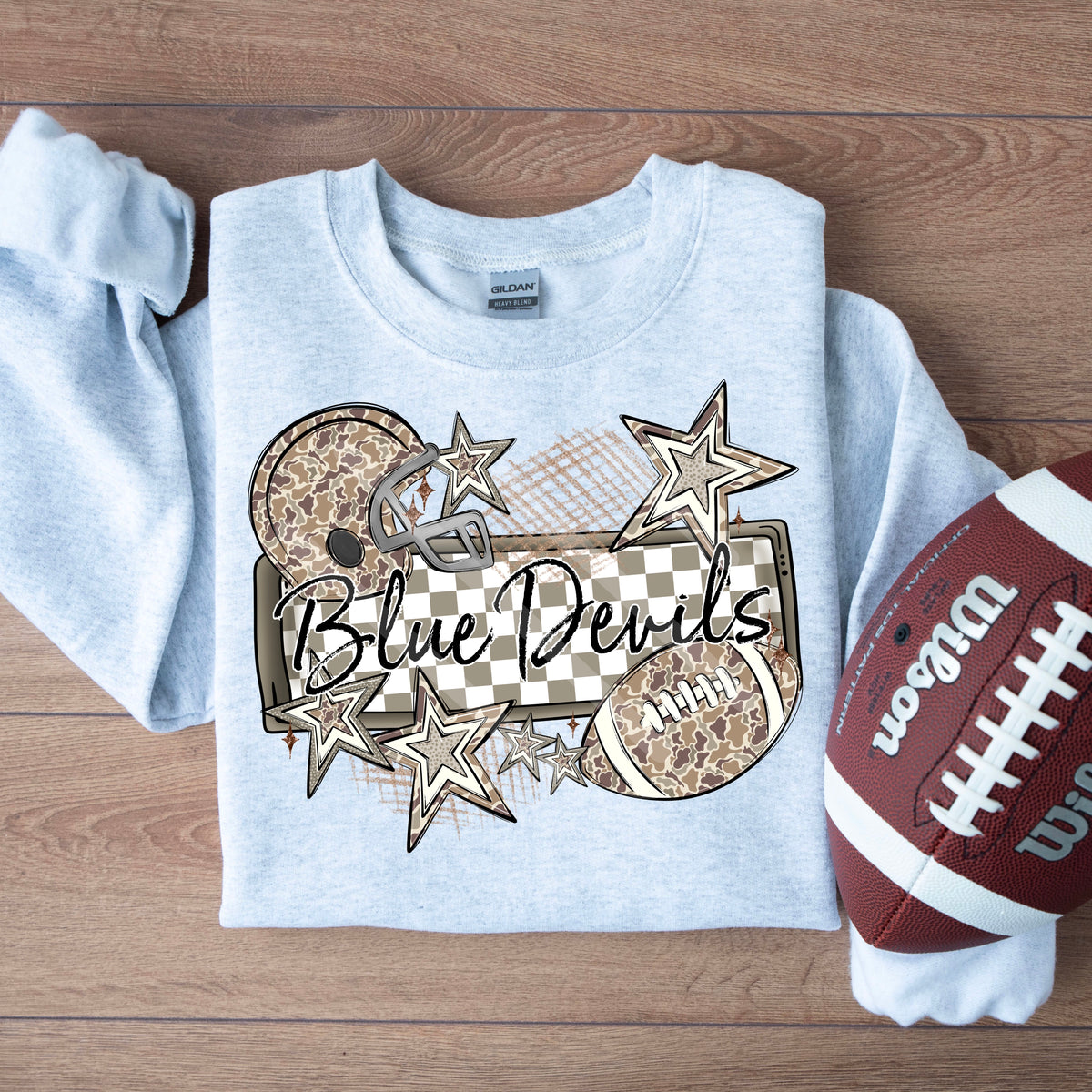 Blue devils camo football frame and stars DTF transfer