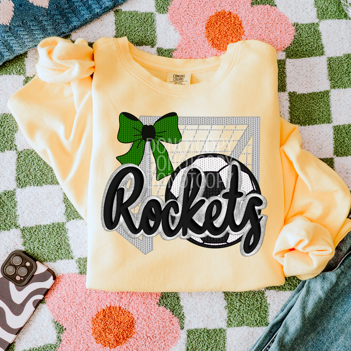 rockets soccer with soccer ball, net, and green bow (CSG) DTF transfer