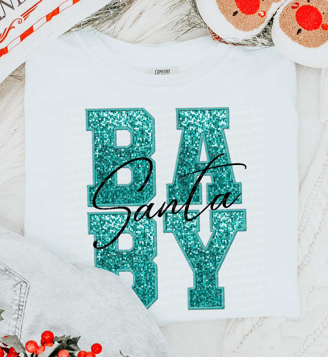 Santa Baby Faux Embroidery Sequins Aqua Black 111932 DTF transfer