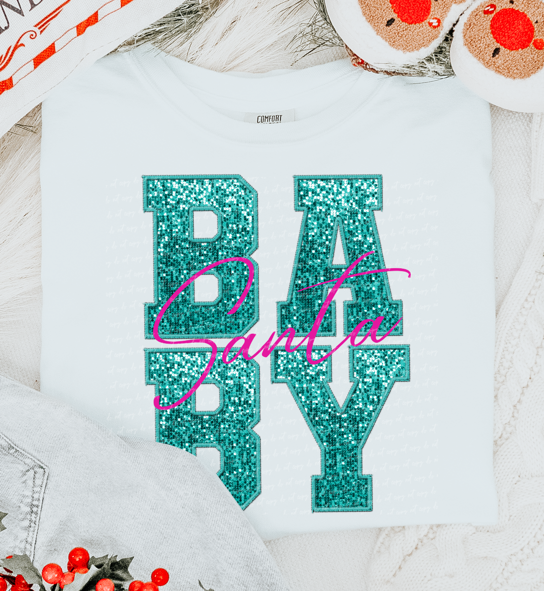 Santa Baby Faux Embroidery Sequins Aqua Pink 111933 DTF transfer