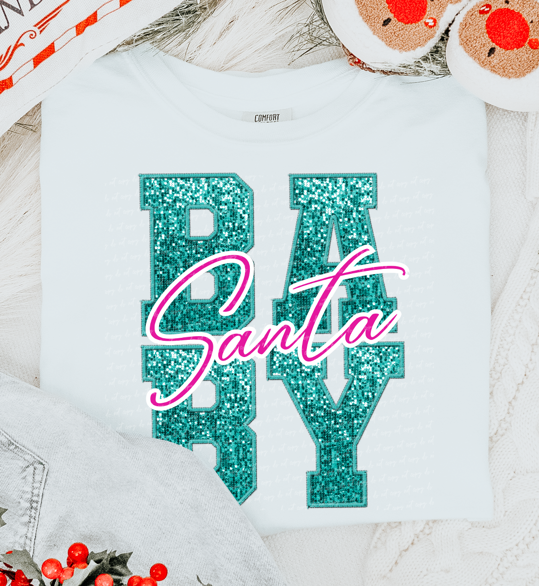 Santa Baby Faux Embroidery Sequins Aqua Pink White Outline 111934 DTF transfer