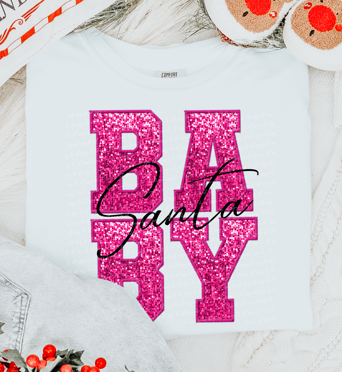 Santa Baby Faux Embroidery Sequins Pink Black 111935 DTF transfer