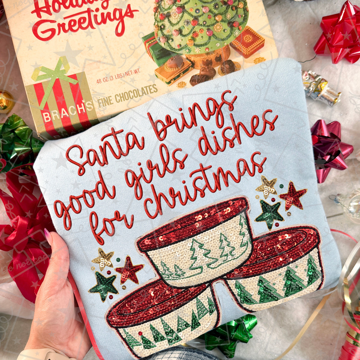Santa brings good girls dishes for Christmas faux sequins (HW) DTF Transfer