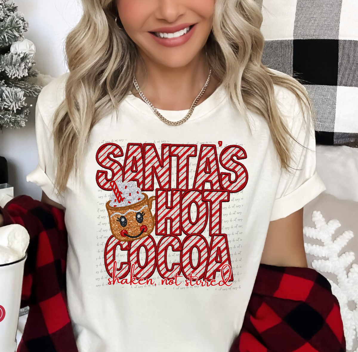 Santa's Hot Cocoa Stripe Red Faux Embroidery Reindeer Mug 111931 DTF transfer