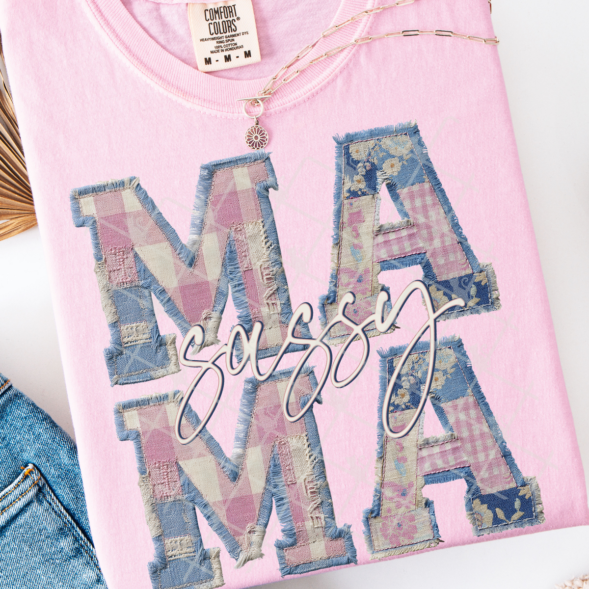 Faux pink and blue patchwork sassy mama (TTD) DTF Transfer