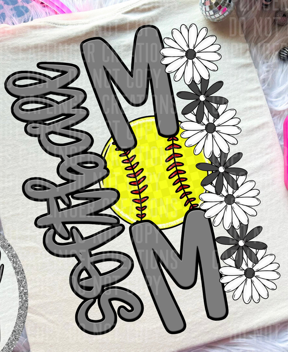 Softball Mom Grey Floral BACK PRINT (Caplinger) DTF transfer