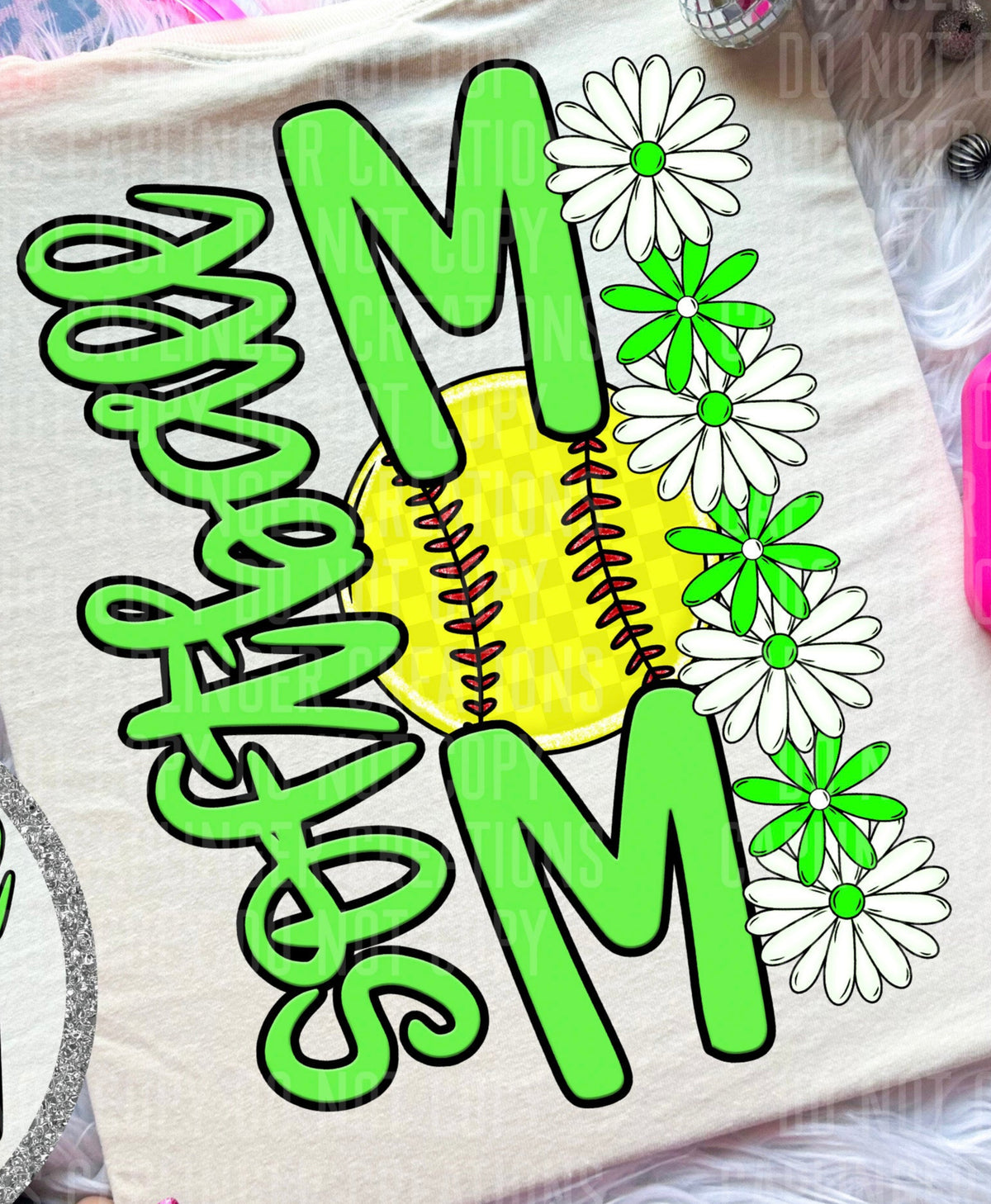 Softball Mom Lime Green Floral BACK PRINT (Caplinger) DTF transfer