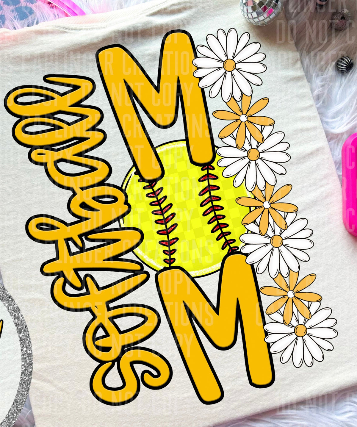 Softball Mom Yellow Floral BACK PRINT (Caplinger) DTF transfer