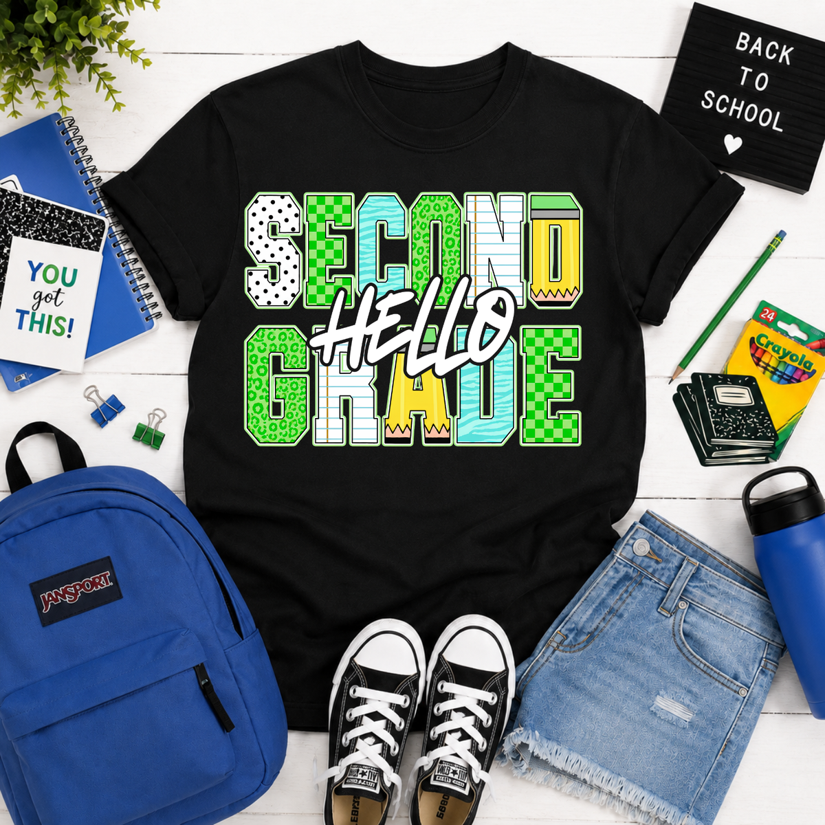 Hello second grade blue and green font (Parker) DTF Transfer