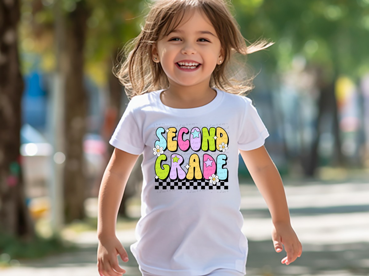 Second Grade Groovy Checkered Floral And Stars 108731 DTF transfer