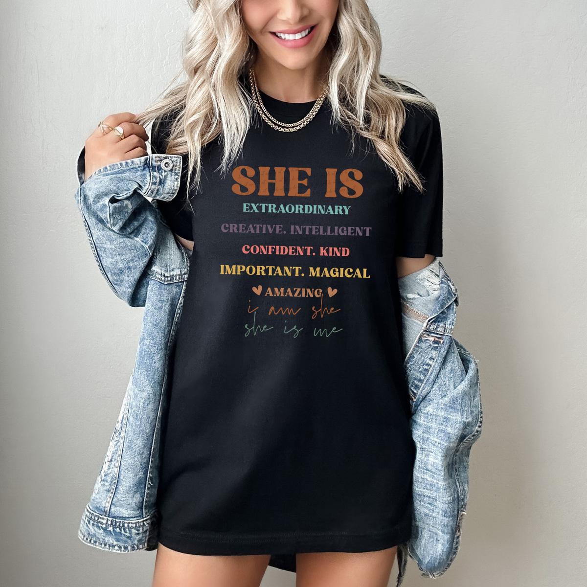 She Is Extraordinary Creative Intelligent Confident Kind Important Magical Amazing I Am She She Is Me Brown Heading 76406 DTF Transfer