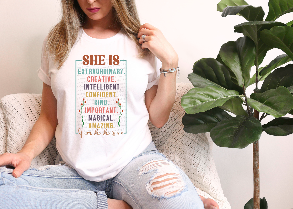 She Is Extraordinary Creative Intelligent Confident Kind Important Magical Amazing I Am She She Is Me Brown Frame 76402 DTF Transfer