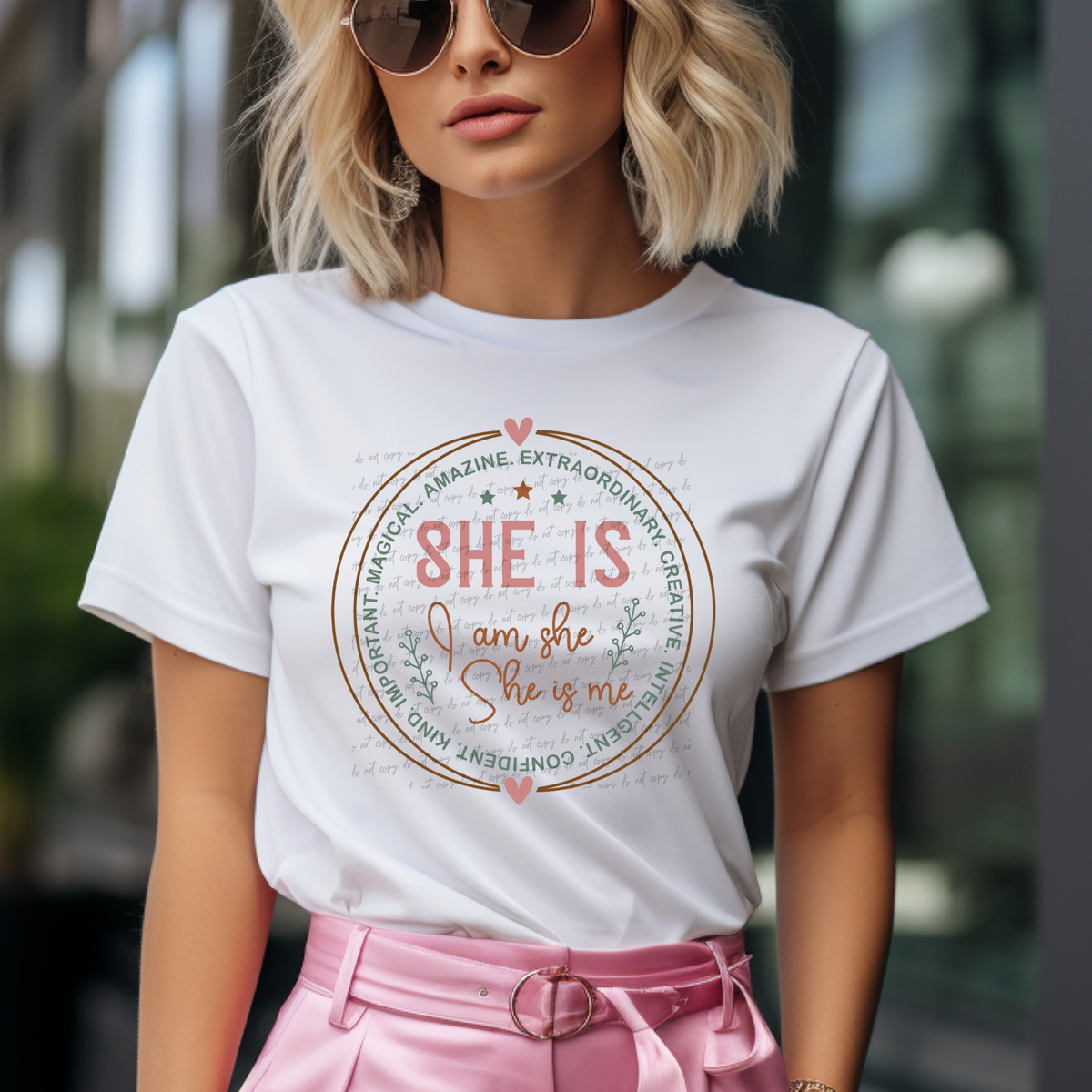 She Is Extraordinary Creative Intelligent Confident Kind Important Magical Amazing I Am She She Is Me Round 76185 DTF Transfer
