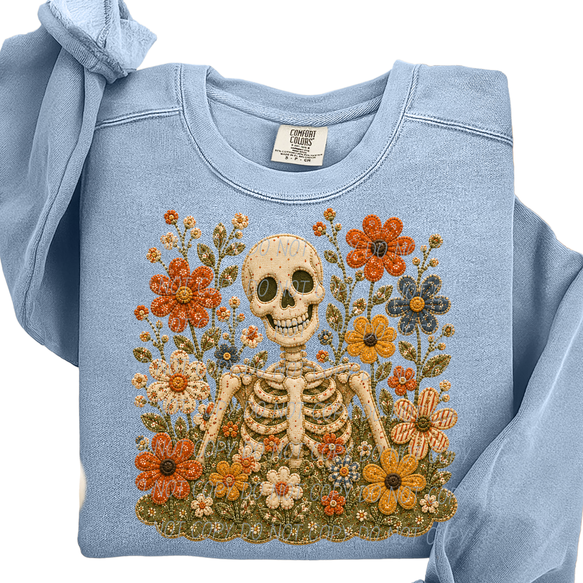 skeleton and flowers faux embroidery (City) DTF Transfer