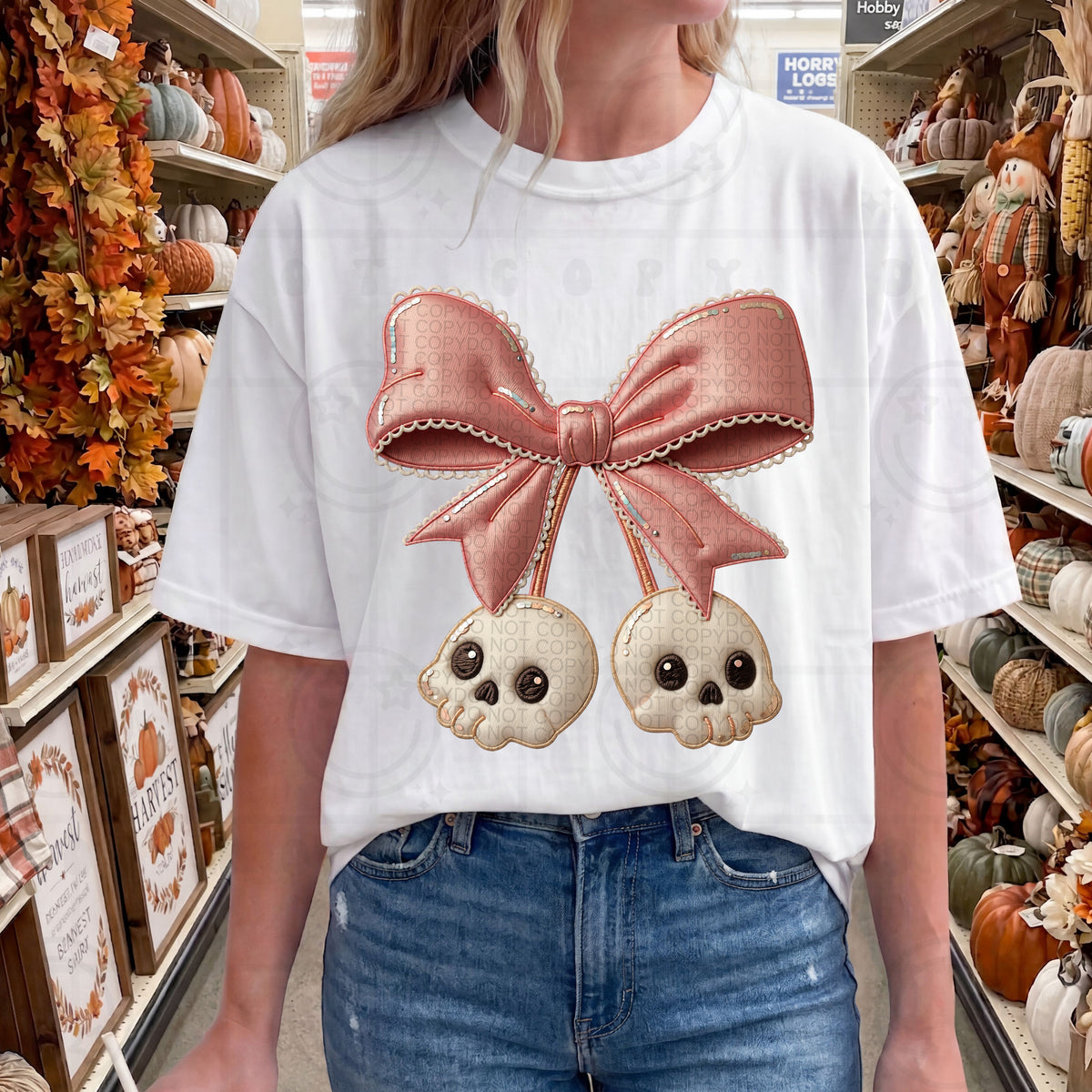 Skull cherries pink bow (HW) DTF Transfer