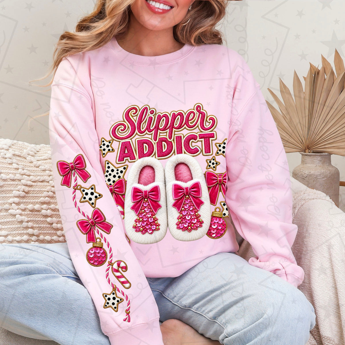 Slipper addict white slippers pink bow (FRONT ONLY) (HW) DTF Transfer