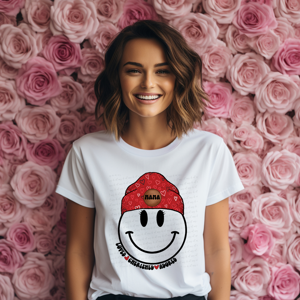 Loved Cherished Adored Mama Smiley Beanie 116978 DTF Transfer