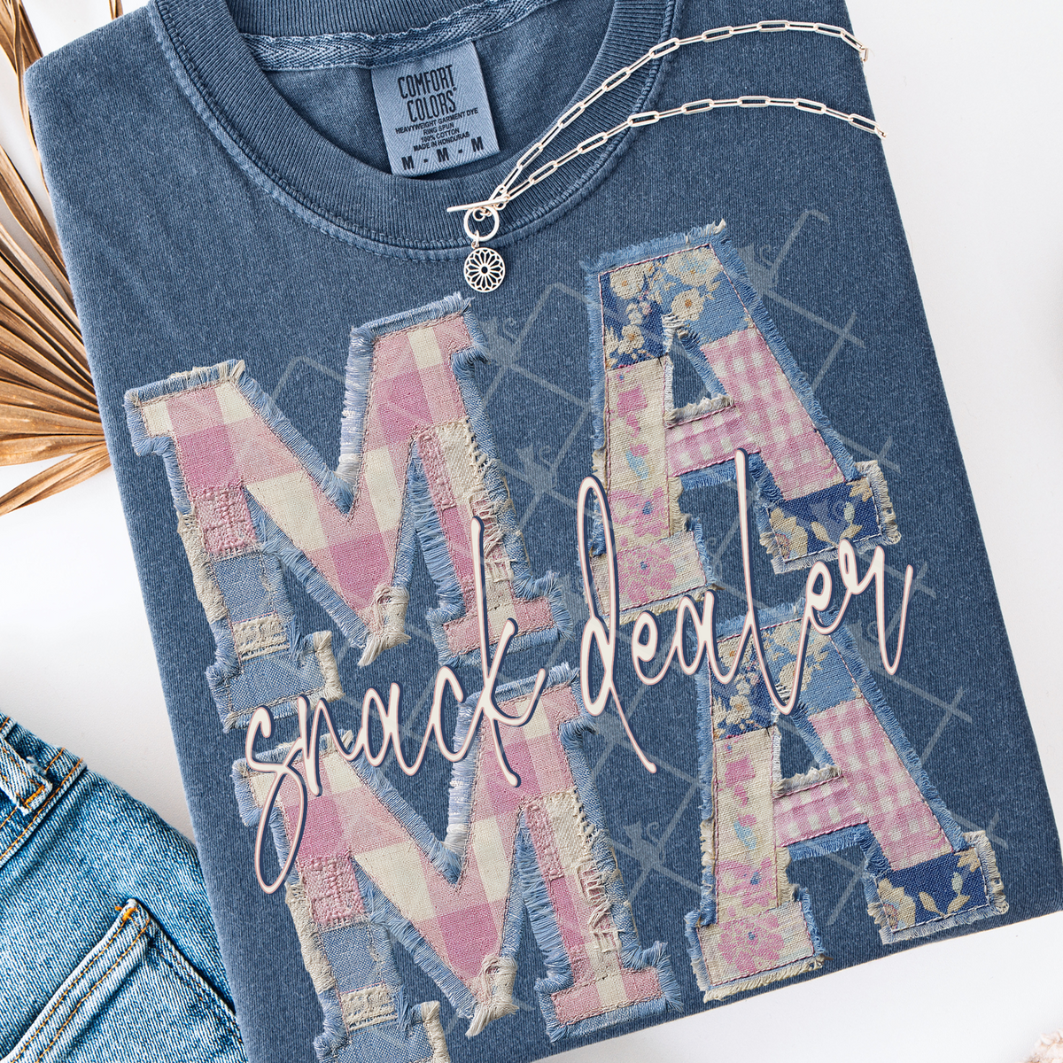 Faux pink and blue patchwork snack dealer mama (TTD) DTF Transfer