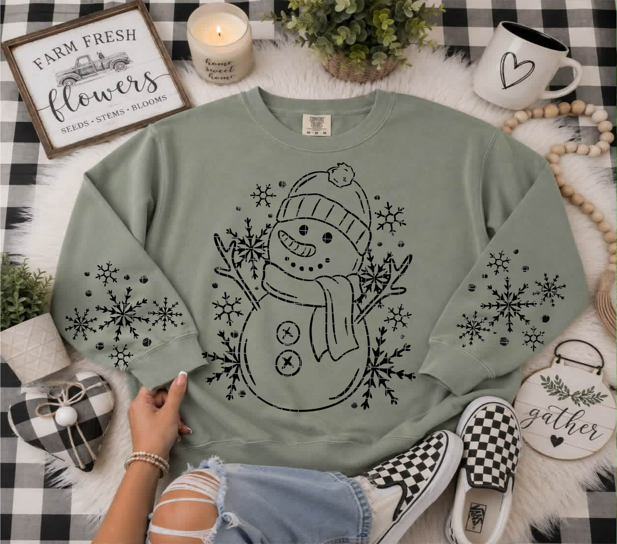 Snowman with snowflakes fine line BLACK (FRONT ONLY) (Linda) DTF Transfer