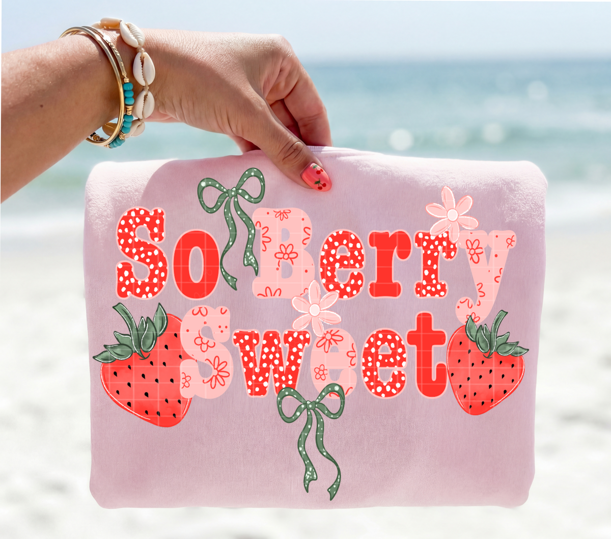 So berry sweet strawberries GREEN bows (Linda) DTF Transfer