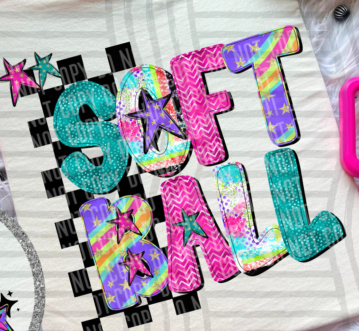 Softball - Colorful Stripe With Stars And Checker BACK PRINT 108260 DTF transfer