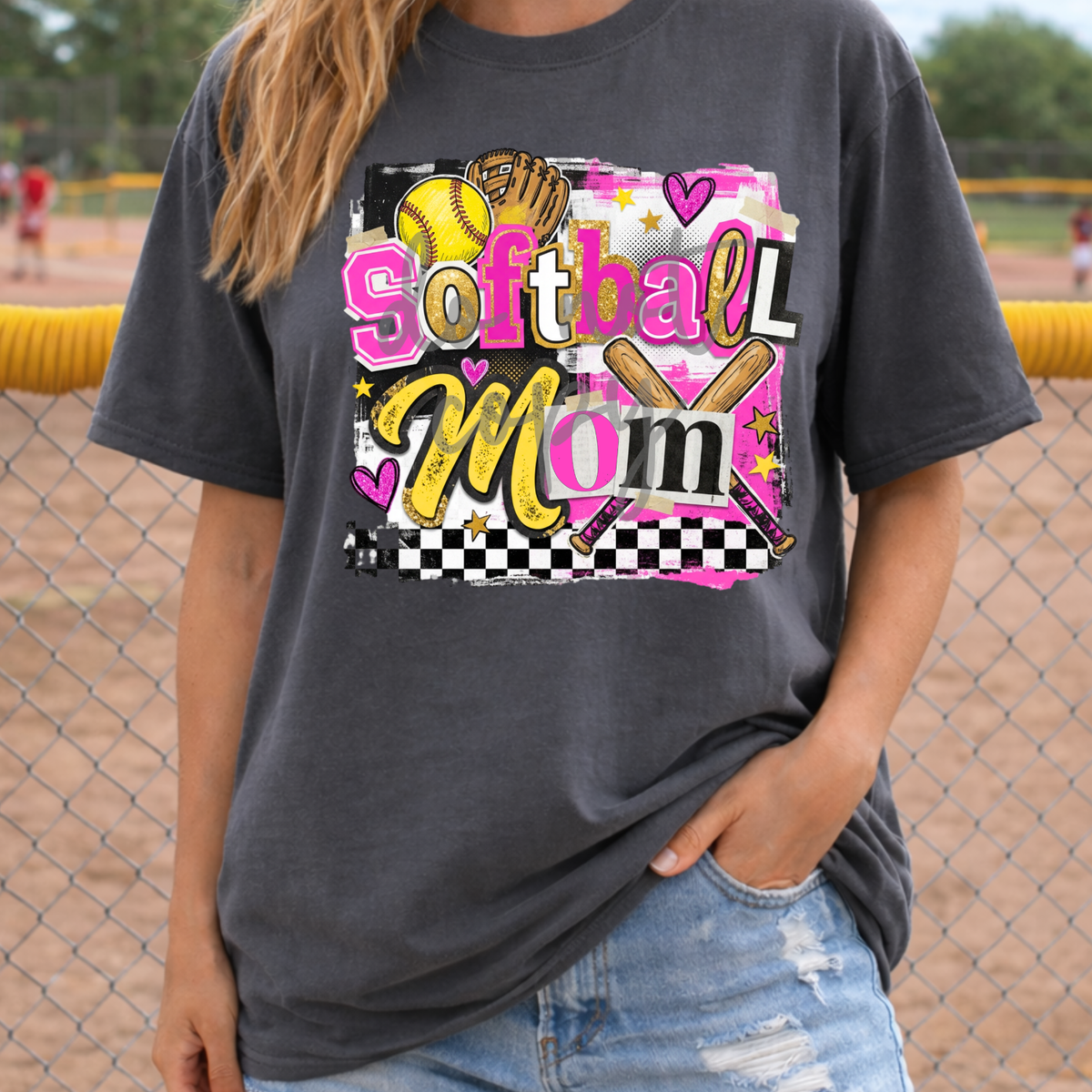 Softball mom pink and yellow magazine font (Parker) DTF Transfer