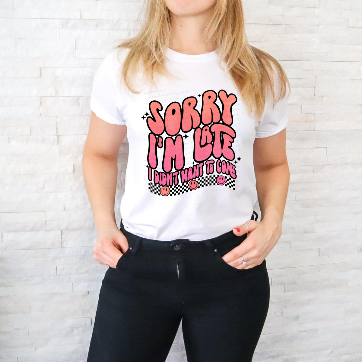 Sorry I'm Late I Didn't Want To Come Retro Checkered Smiley 116358 DTF Transfer