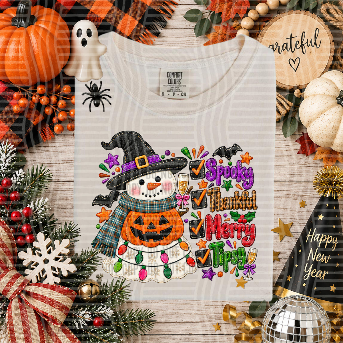 Spooky thankful merry tipsy checklist FAUX DTF Transfer