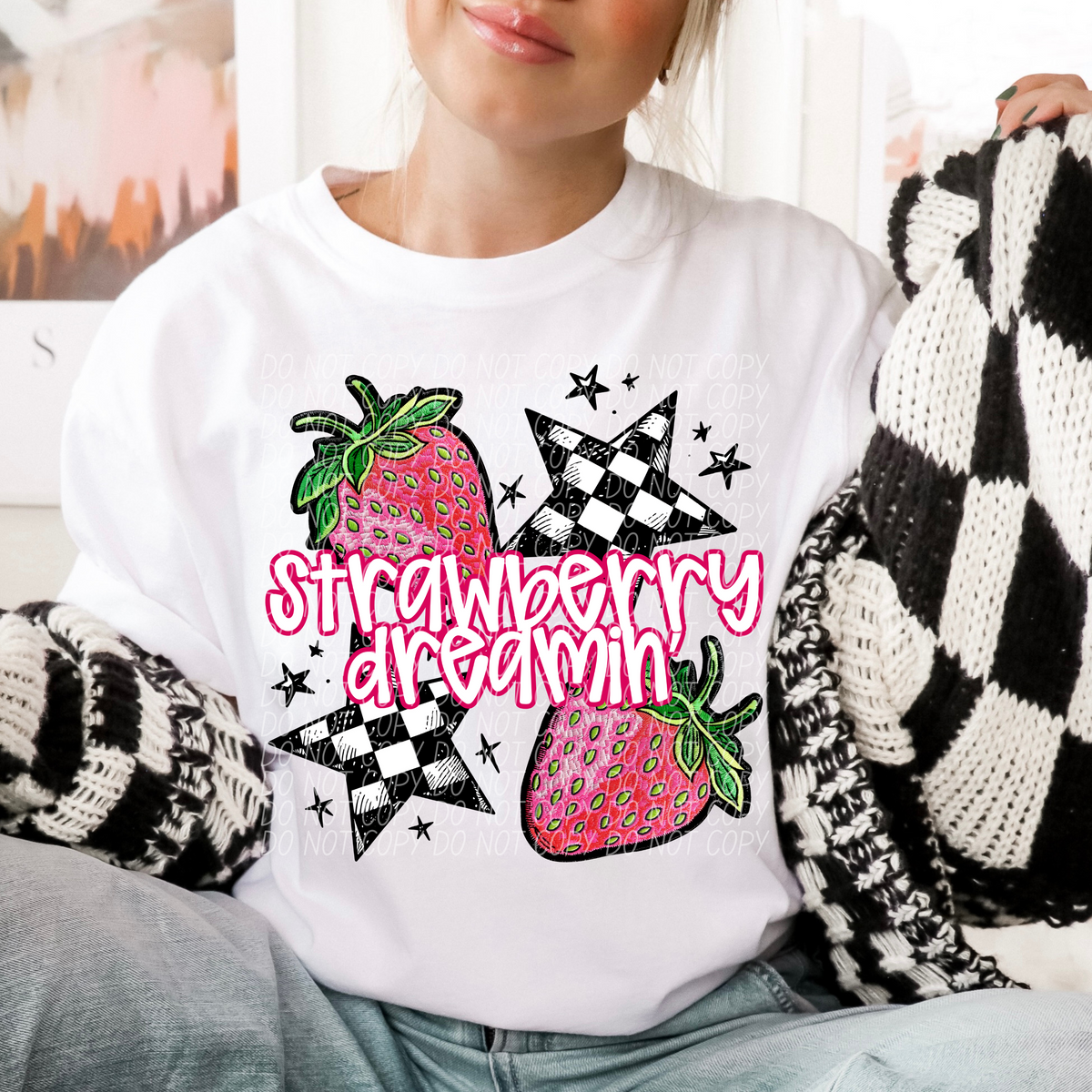 Strawberry Dreamin' Pink Font Checkered Stars (CITY) DTF transfer