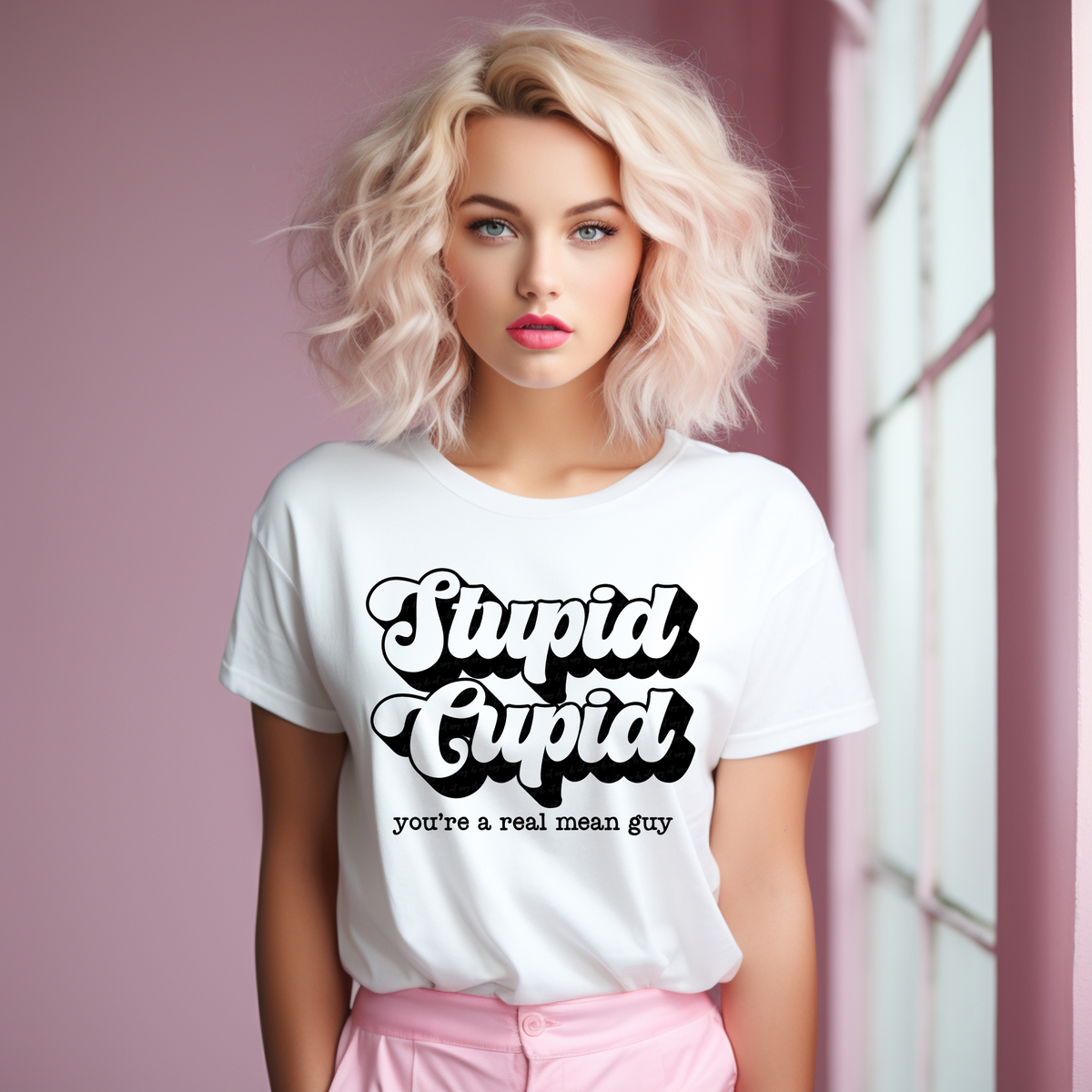Stupid Cupid You're A Real Mean Guy Black Font 114815 DTF transfer
