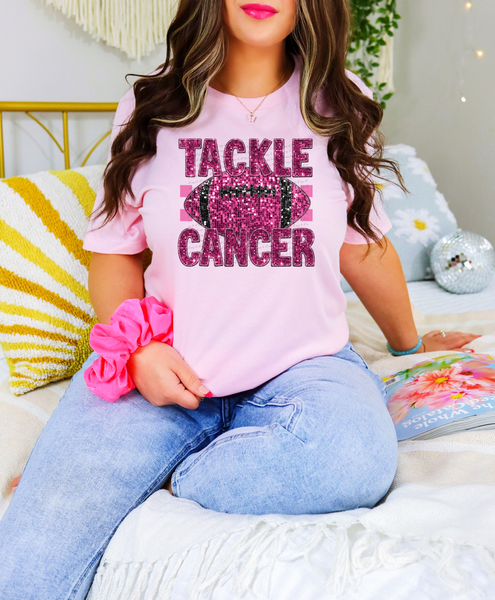 Tackle cancer PINK football sequin checkered background 40257 DTF TRANSFER