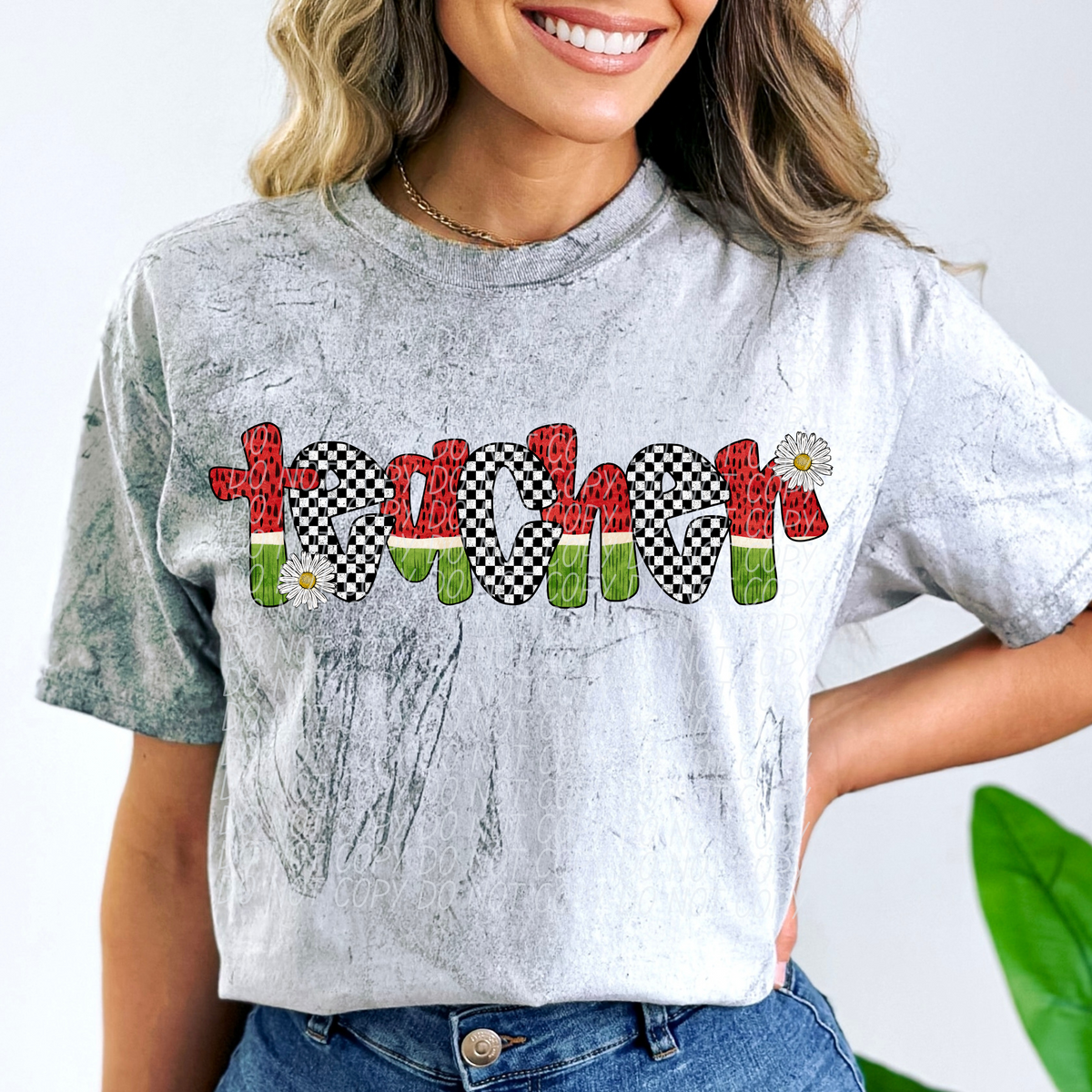 Teacher Watermelon Checkered Font (City) DTF transfer